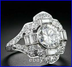Vintage Art Deco Engagement Anniversary Ring 14K White Gold Over 2.02 Ct Diamond