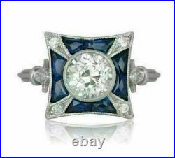 Vintage Art Deco Engagement Bezel Ring In 14k Gold Over 3Ct Diamond & Sapphire