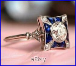 Vintage Art Deco Engagement Ring 1.68 Ct Round Diamond & Sapphire 14k Gold Over