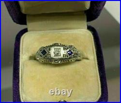 Vintage Art Deco Engagement Ring 14k White Gold 0.5Ct Diamond Filigree Fine Ring