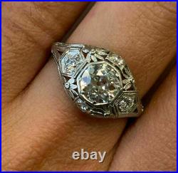 Vintage Art Deco Engagement Ring 14k White Gold Over Antique 2.1Ct Diamond Ring