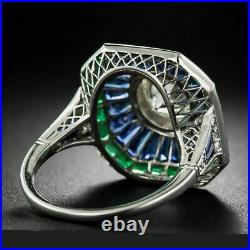 Vintage Art Deco Engagement Ring 2.1 Ct Sapphire & Diamond 14K White Gold Over