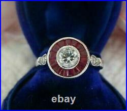 Vintage Art Deco Engagement Ring 2.50Ct VVS1 Moissanite & Ruby 14K White Gold