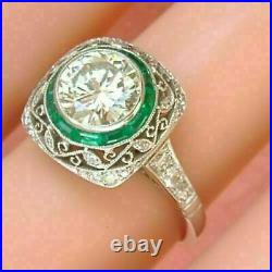 Vintage Art Deco Engagement Ring Moissanite & Emerald 14k White Gold Size 8