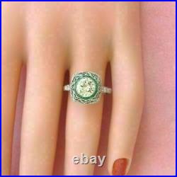 Vintage Art Deco Engagement Ring Round Moissanite & Emerald 14k White Gold Ring