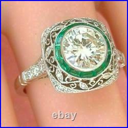 Vintage Art Deco Engagement Ring Round Moissanite & Emerald 14k White Gold Ring