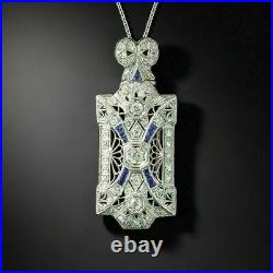 Vintage Art Deco Engagement Sapphire Pendant 2.58 Ct Diamond 14K White Gold Over