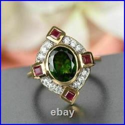 Vintage Art Deco Engagement Wedding Ring 14K Yellow Gold Over 2 Ct Oval Emerald