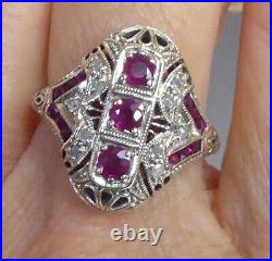 Vintage Art Deco Engagement Wedding Ring 2 Ct Simulated Ruby 14K White Gold Over