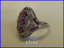 Vintage Art Deco Engagement Wedding Ring 2 Ct Simulated Ruby 14K White Gold Over