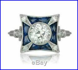 Vintage Art Deco Engagement Wedding Ring In 14k Gold Over 3Ct Diamond & Sapphire