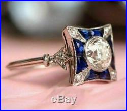 Vintage Art Deco Engagement Wedding Ring In 14k Gold Over 3Ct Diamond & Sapphire