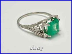 Vintage Art Deco Engraved Engagement Ring 2.3 Ct Emerald 14K White Gold Over