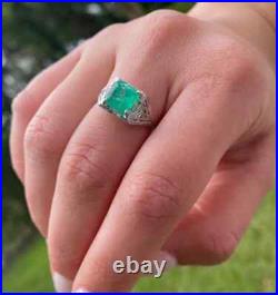 Vintage Art Deco Engraved Engagement Ring 2.3 Ct Emerald 14K White Gold Over