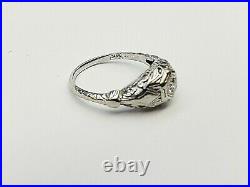 Vintage Art Deco European Cut Diamond Engagement Ring 14k White Gold