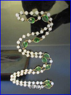 Vintage Art Deco Flapper Bezel Sapphire Green Glass Translucent Bead Necklace! 2