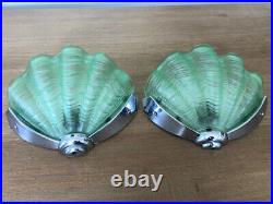 Vintage Art Deco Green Glass & Chrome Clam Odeon'Shell' Wall Lights
