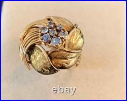 Vintage Art Deco Leaf Shank Cluster Ring 14K Yellow Gold Over 1.5Ct Sapphire