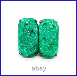 Vintage Art Deco Molded Jade Art Glass Rectangle Clip On Earrings