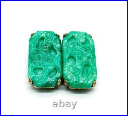 Vintage Art Deco Molded Jade Art Glass Rectangle Clip On Earrings