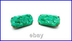 Vintage Art Deco Molded Jade Art Glass Rectangle Clip On Earrings