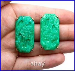 Vintage Art Deco Molded Jade Art Glass Rectangle Clip On Earrings