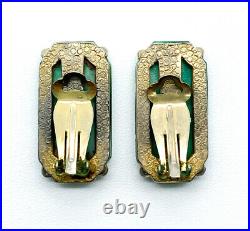 Vintage Art Deco Molded Jade Art Glass Rectangle Clip On Earrings