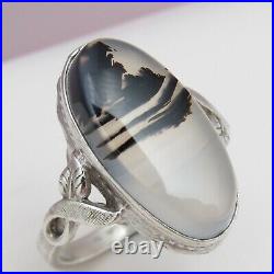 Vintage Art Deco Natural Dendritic Agate Sterling Silver Leaf Signed S 5 Ring