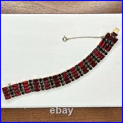 Vintage Art Deco Necklace Bracelet Set Red Black Rhinestones Gold Tone Gorgeous