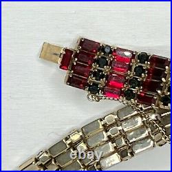 Vintage Art Deco Necklace Bracelet Set Red Black Rhinestones Gold Tone Gorgeous