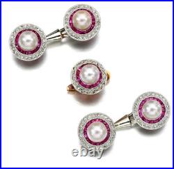 Vintage Art Deco Pearl, Red Ruby & CZ Cufflinks & One Dress Button In 935 Silver