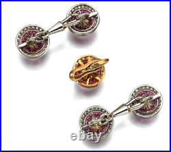 Vintage Art Deco Pearl, Red Ruby & CZ Cufflinks & One Dress Button In 935 Silver