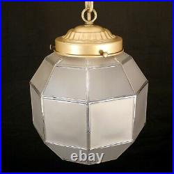 Vintage Art Deco Pendant Light Fixture Geometric Satin Glass Globe Porch Hall