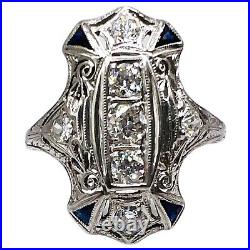 Vintage Art Deco Platinum 1.00 Ct Diamond & Sapphire Cocktail Statement Ring