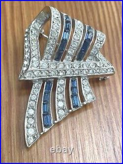 Vintage Art Deco Rhodium Plate Blue & Clear Rhinestone Brooch Baguette Crystal