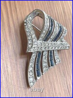 Vintage Art Deco Rhodium Plate Blue & Clear Rhinestone Brooch Baguette Crystal