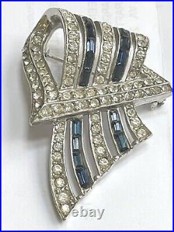 Vintage Art Deco Rhodium Plate Blue & Clear Rhinestone Brooch Baguette Crystal