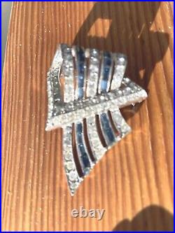 Vintage Art Deco Rhodium Plate Blue & Clear Rhinestone Brooch Baguette Crystal