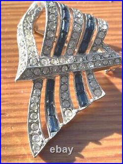 Vintage Art Deco Rhodium Plate Blue & Clear Rhinestone Brooch Baguette Crystal