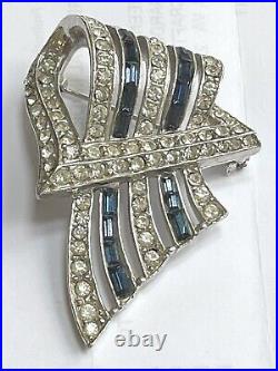 Vintage Art Deco Rhodium Plate Blue & Clear Rhinestone Brooch Baguette Crystal