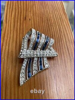 Vintage Art Deco Rhodium Plate Blue & Clear Rhinestone Brooch Baguette Crystal