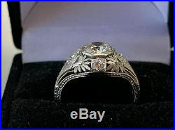 Vintage Art Deco Ring 14k White Gold Over Engagement & Wedding Ring 2Ct Diamond