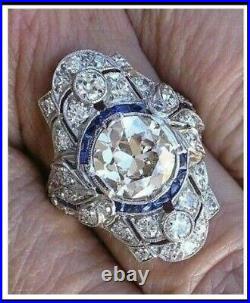 Vintage Art Deco Ring 3CT Round Cut Moissanite 14K White Gold Plated Silver