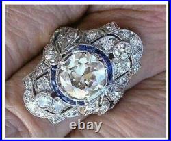Vintage Art Deco Ring 3CT Round Cut Real Moissanite 14K White Gold Plated Silver
