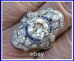 Vintage Art Deco Ring 3CT Round Cut Real Moissanite 14K White Gold Plated Silver