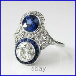 Vintage Art Deco Round Cut Blue Sapphire Simulated Engagement Wedding Ring