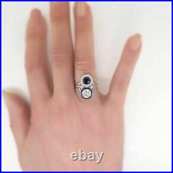 Vintage Art Deco Round Cut Blue Sapphire Simulated Engagement Wedding Ring