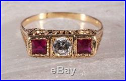 Vintage Art Deco Ruby & Diamond Ring 14K Yellow Gold Size 6.25