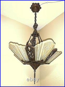 Vintage Art Deco Slip Shade Glass 5 Light Fixture Virden Chandelier