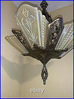 Vintage Art Deco Slip Shade Glass 5 Light Fixture Virden Chandelier